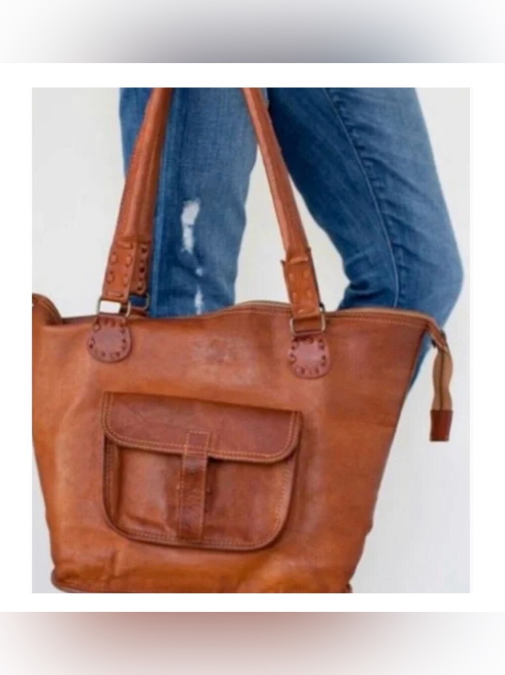 Noonday Collection Tote Bag Purse Rustic Leather Pocket Large 17x12x6 Brown